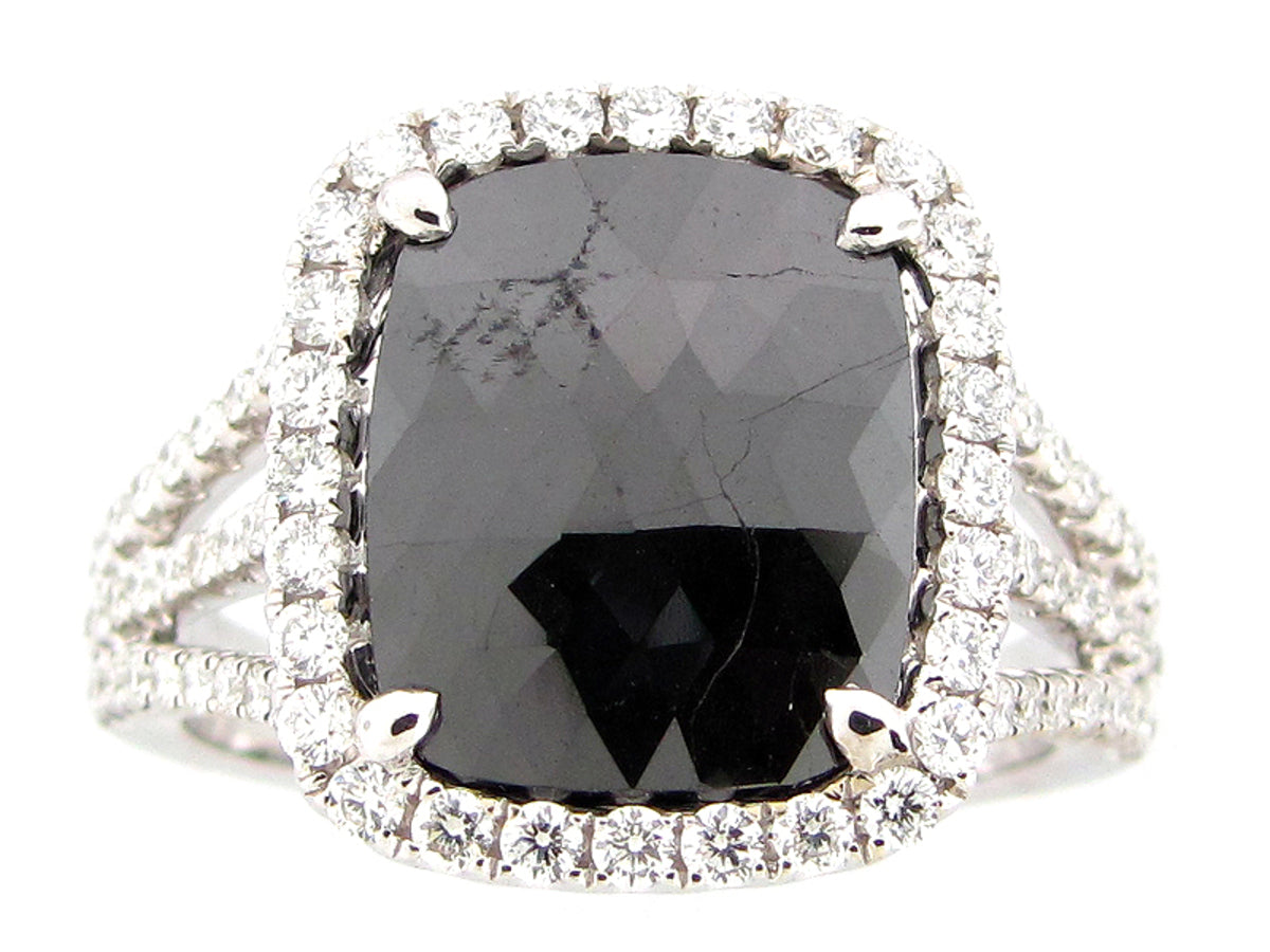 ROSE ROUGH CUT BLACK & WHITE DIAMOND RING, 18KW (R)