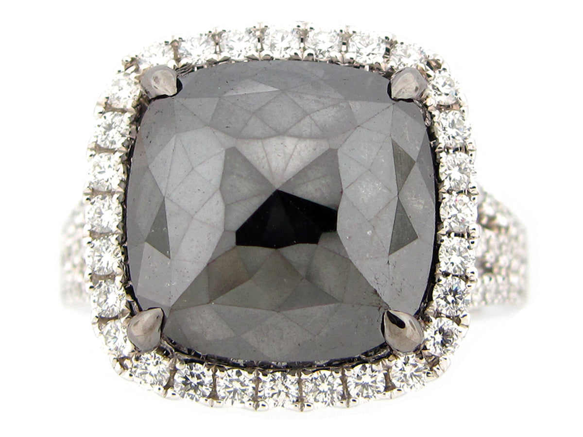 ROSE CUT BLACK & WHITE DIAMOND RING, 18KW (R)