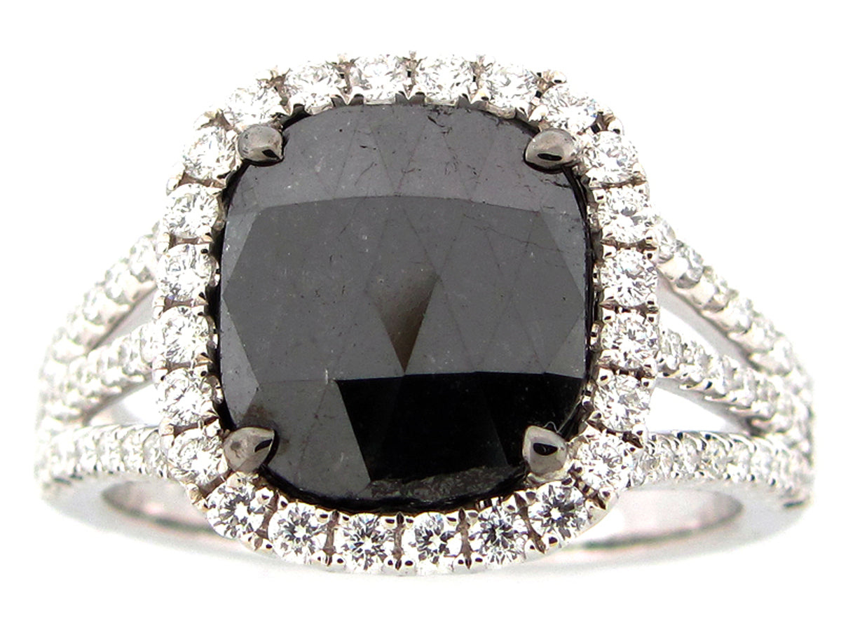 ROSE ROUGH CUT BLACK & WHITE DIAMOND RING, 18KW (R)