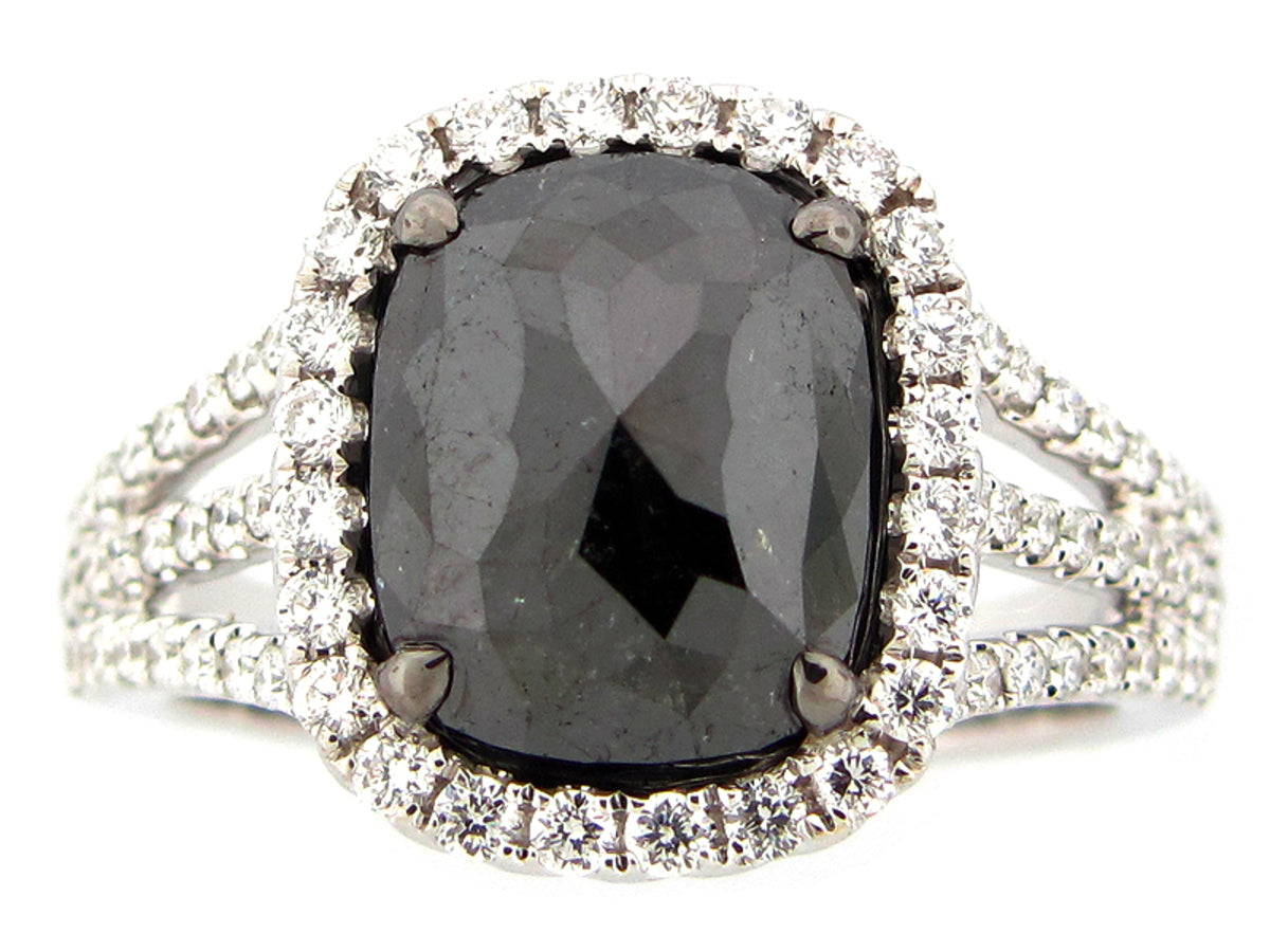 ROSE ROUGH CUT BLACK & WHITE DIAMOND RING, 18KW (R)