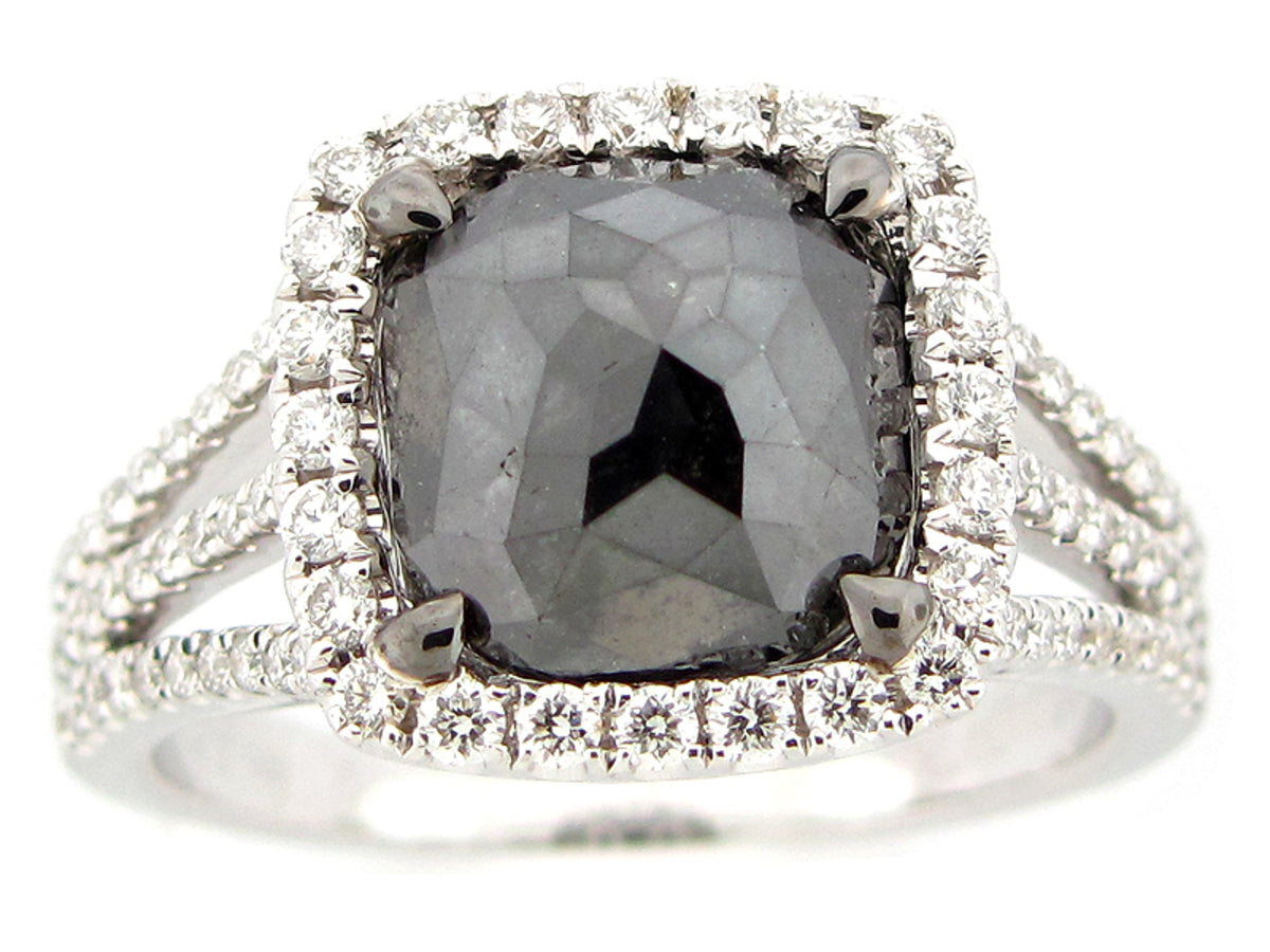 ROSE CUT BLACK & WHITE DIAMOND RING, 18KW (N)