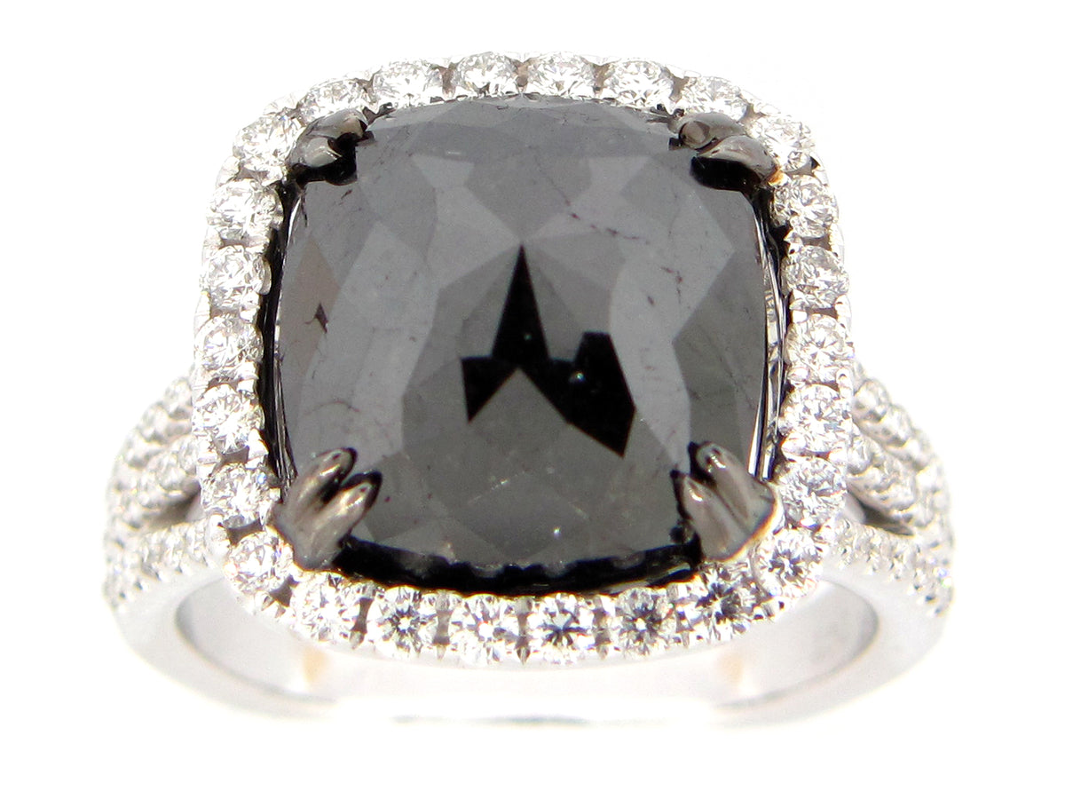 ROSE ROUGH CUT BLACK & WHITE DIAMOND RING, 18KW (N)