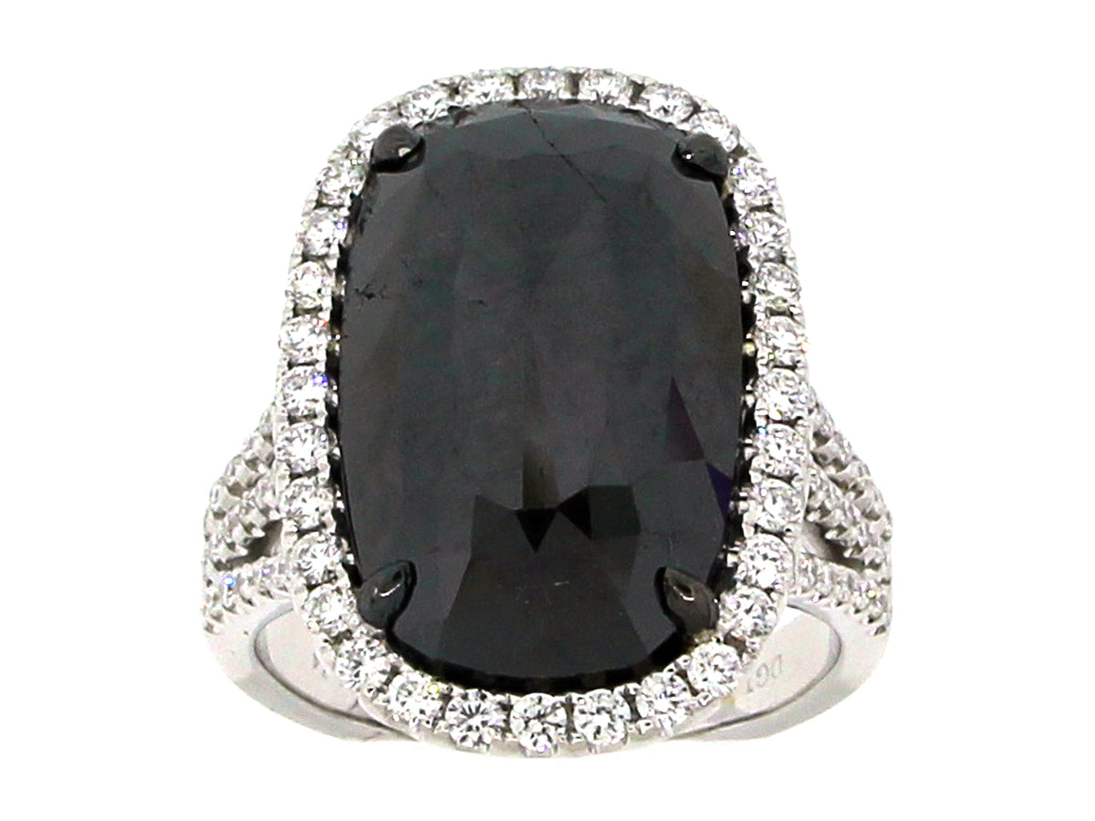ROSE ROUGH CUT BLACK & WHITE DIAMOND RING, 18KW (N)