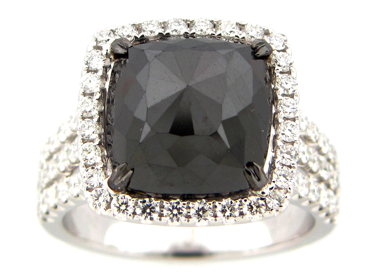 ROSE ROUGH CUT BLACK & WHITE DIAMOND RING, 18KW (N)