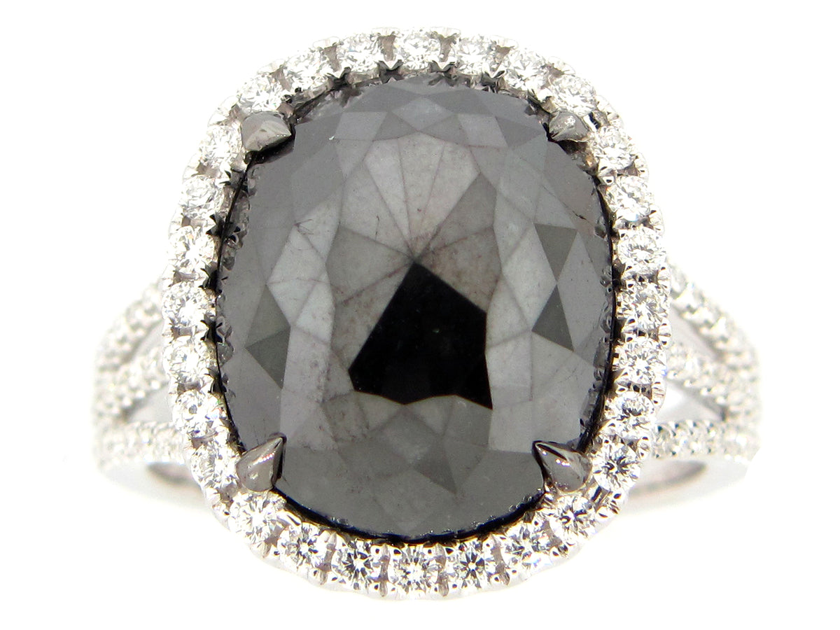 ROSE CUT BLACK & WHITE DIAMOND RING, 18KW (N)