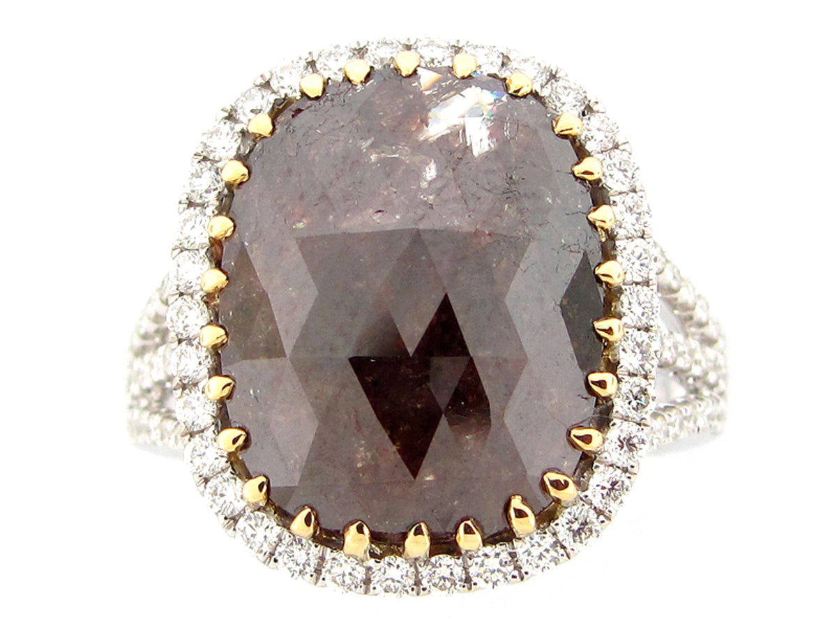 ROSE ROUGH CUT BROWN & WHITE DIAMOND RING, 18KT (N)