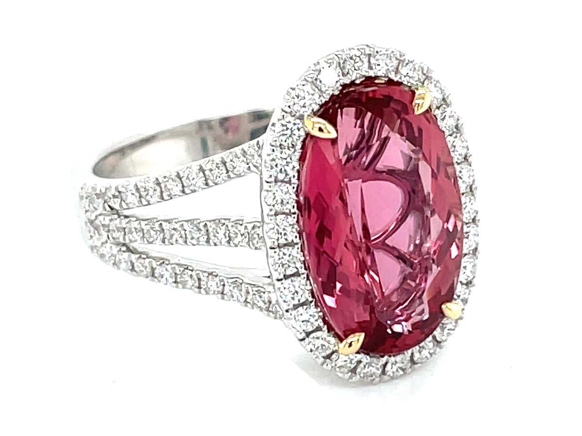 IMPERIAL TOPAZ (ORANGY PINK) OVAL & DIAMOND HALO TRIPLE SHANK RING, GIA CERT