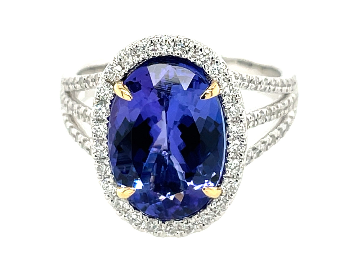 TANZANITE OVAL & DIAMOND HALO 3 SHANK RING