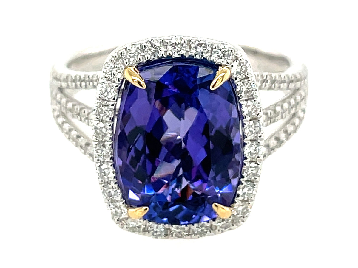 TANZANITE CUSHIOIN & DIAMOND HALO 3 SHANK RING
