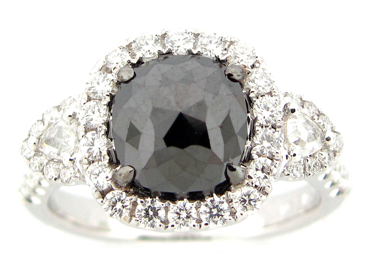 ROSE CUT BLACK & WHITE DIAMOND RING, 18KW (N)