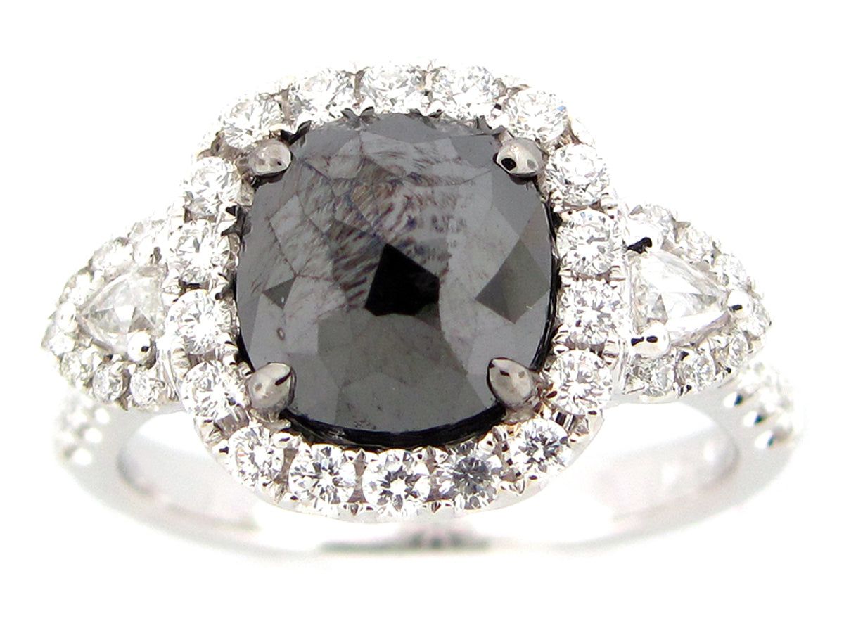 ROSE CUT BLACK & WHITE DIAMOND RING, 18KW (N)