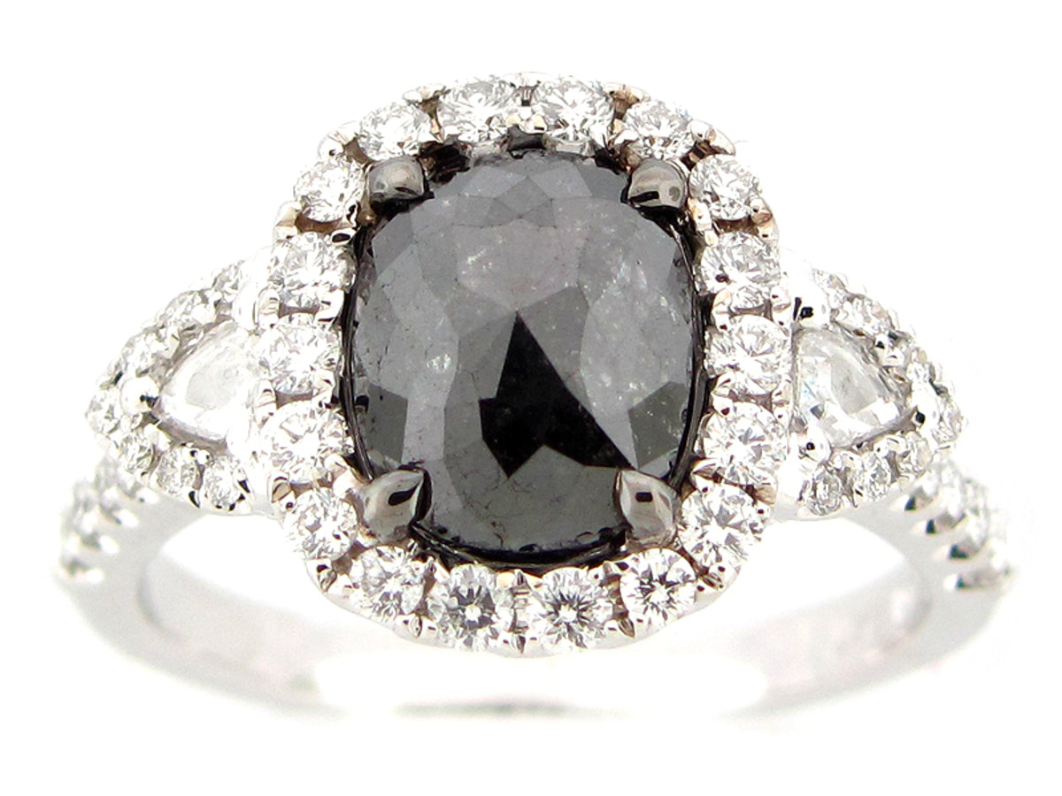ROSE CUT BLACK & WHITE DIAMOND RING, 18KW (N)