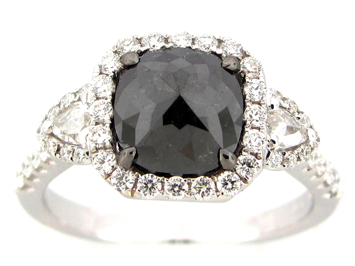 ROSE ROUGH CUT BLACK & WHITE DIAMOND RING, 18KW (R)