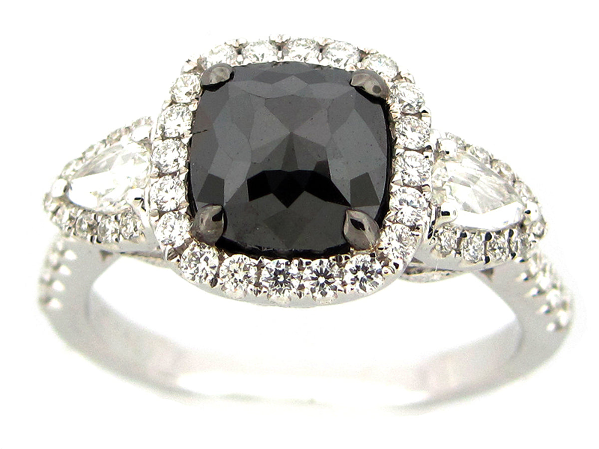 ROSE CUT BLACK & WHITE DIAMOND RING, 18KW (N)