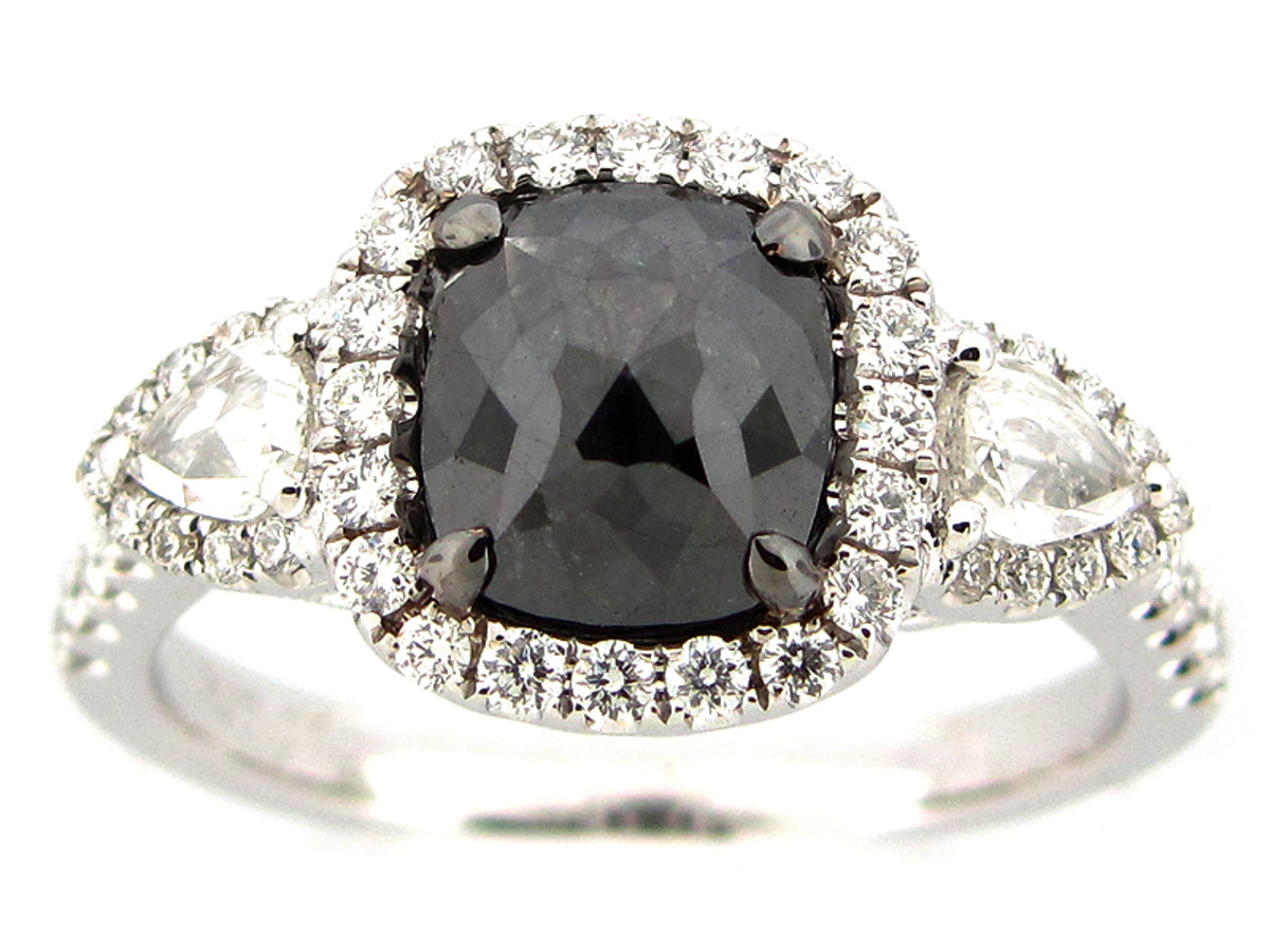 ROSE CUT BLACK & WHITE DIAMOND RING, 18KW (N)