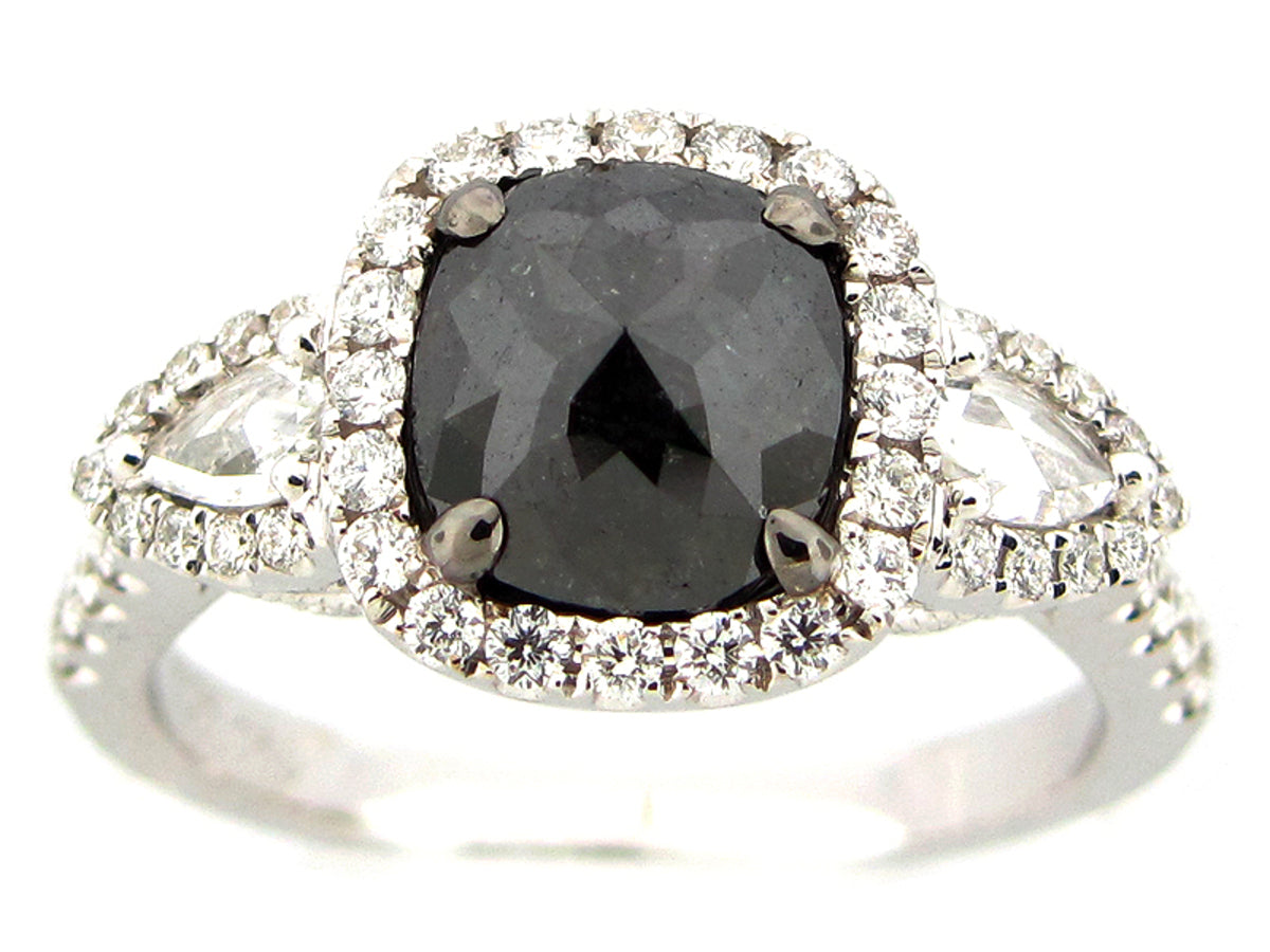 ROSE CUT BLACK & WHITE DIAMOND RING, 18KW (N)