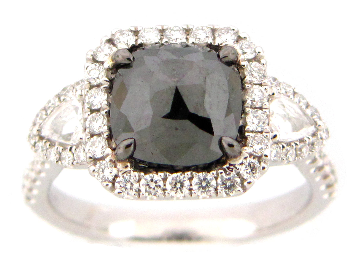 ROSE CUT BLACK & WHITE DIAMOND RING, 18KW (R)