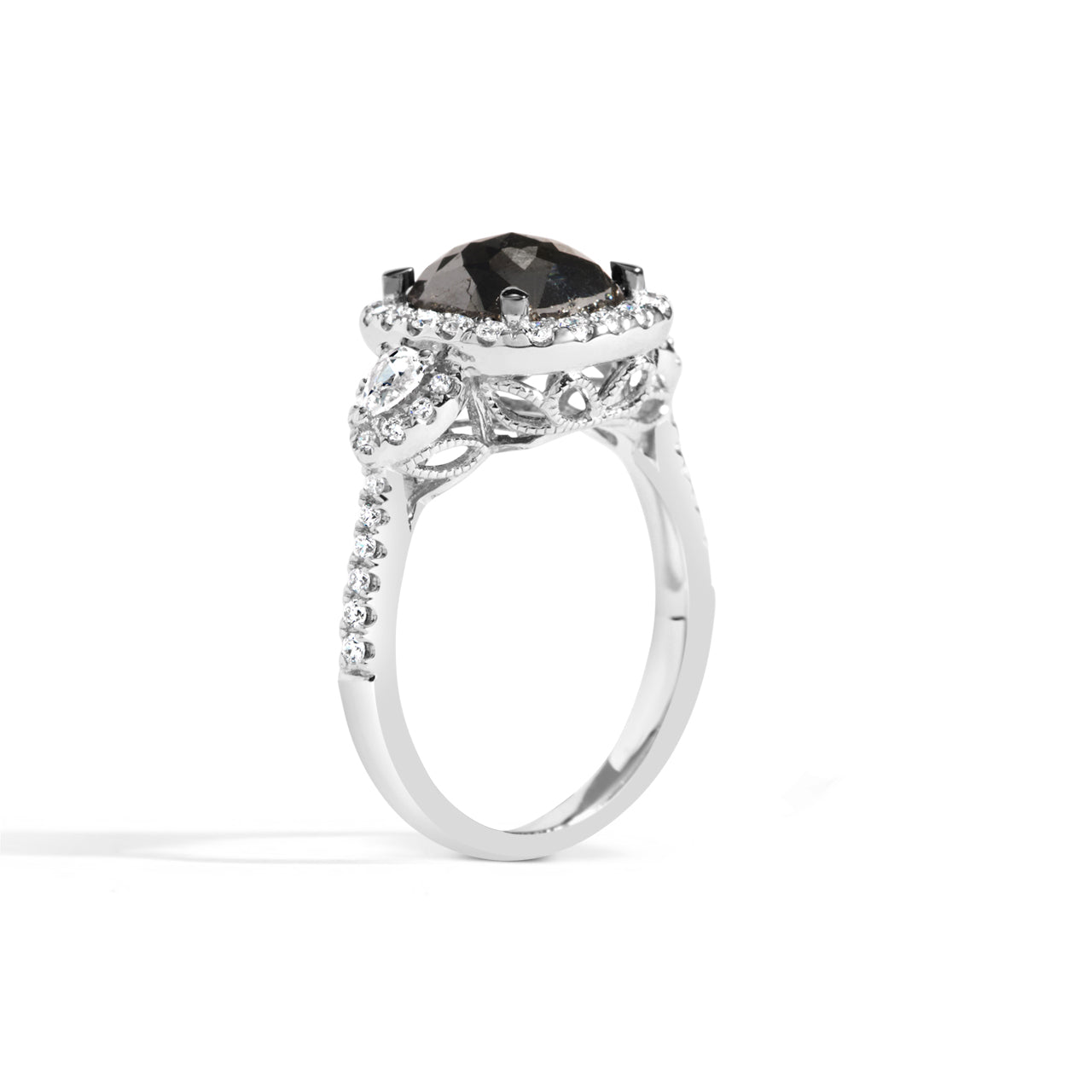 Rose Cut Black & White Diamond 3 Stone Ring