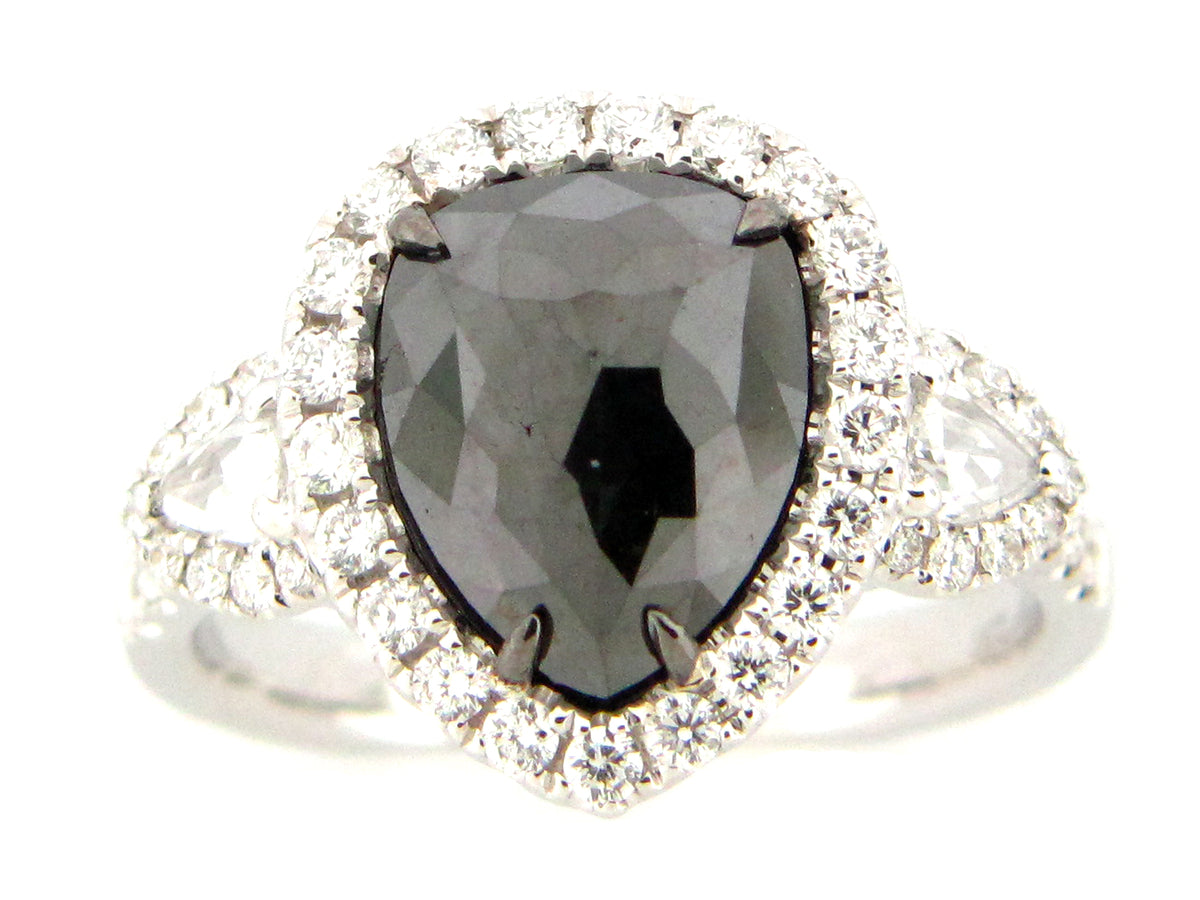 ROSE CUT BLACK & WHITE DIAMOND RING, 18KW (R)