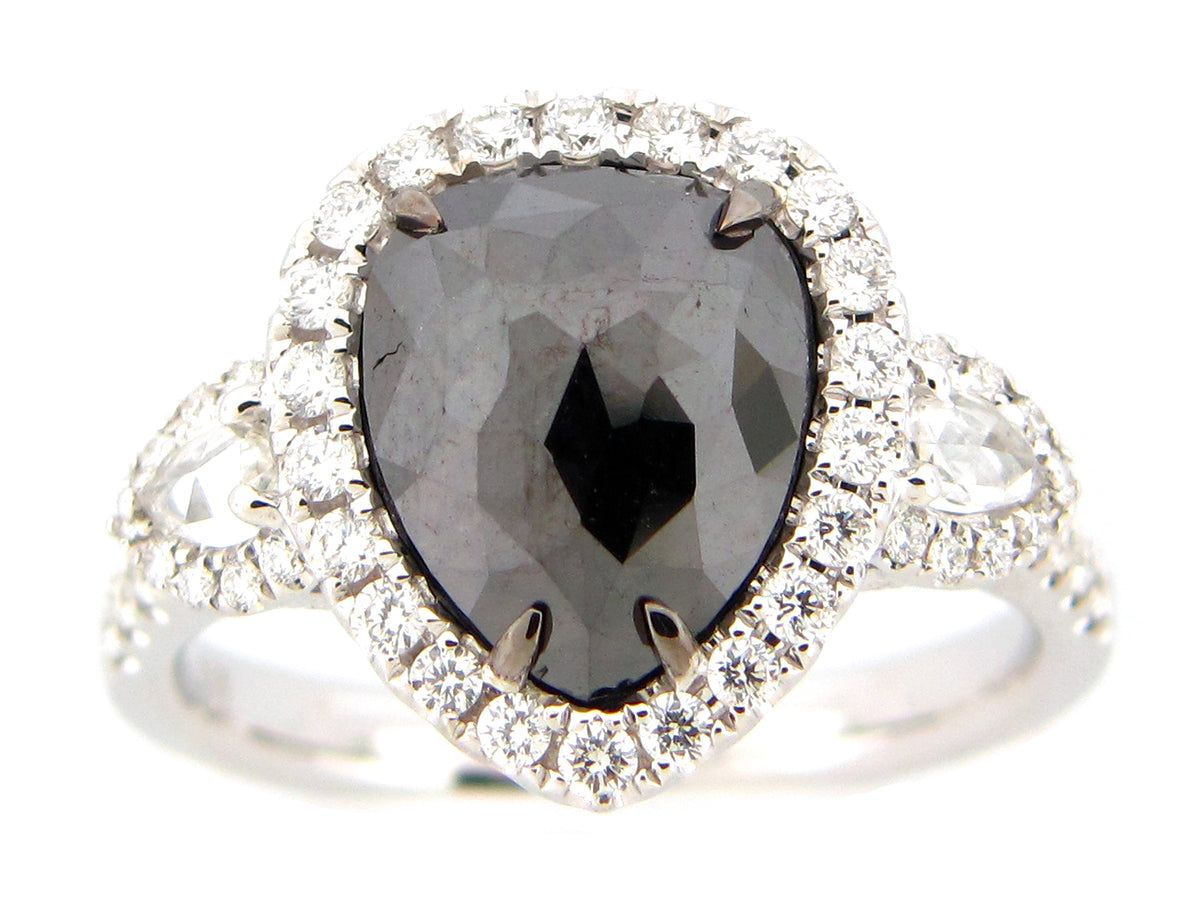 ROSE CUT BLACK & WHITE DIAMOND RING, 18KW (R)