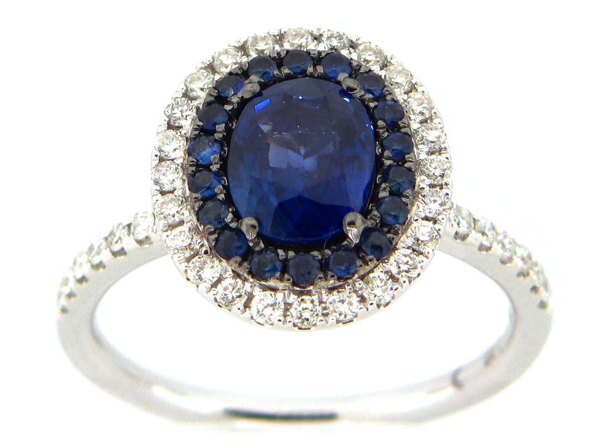 SAPPHIRE & DIAMOND HALO RING, 18KW (H)