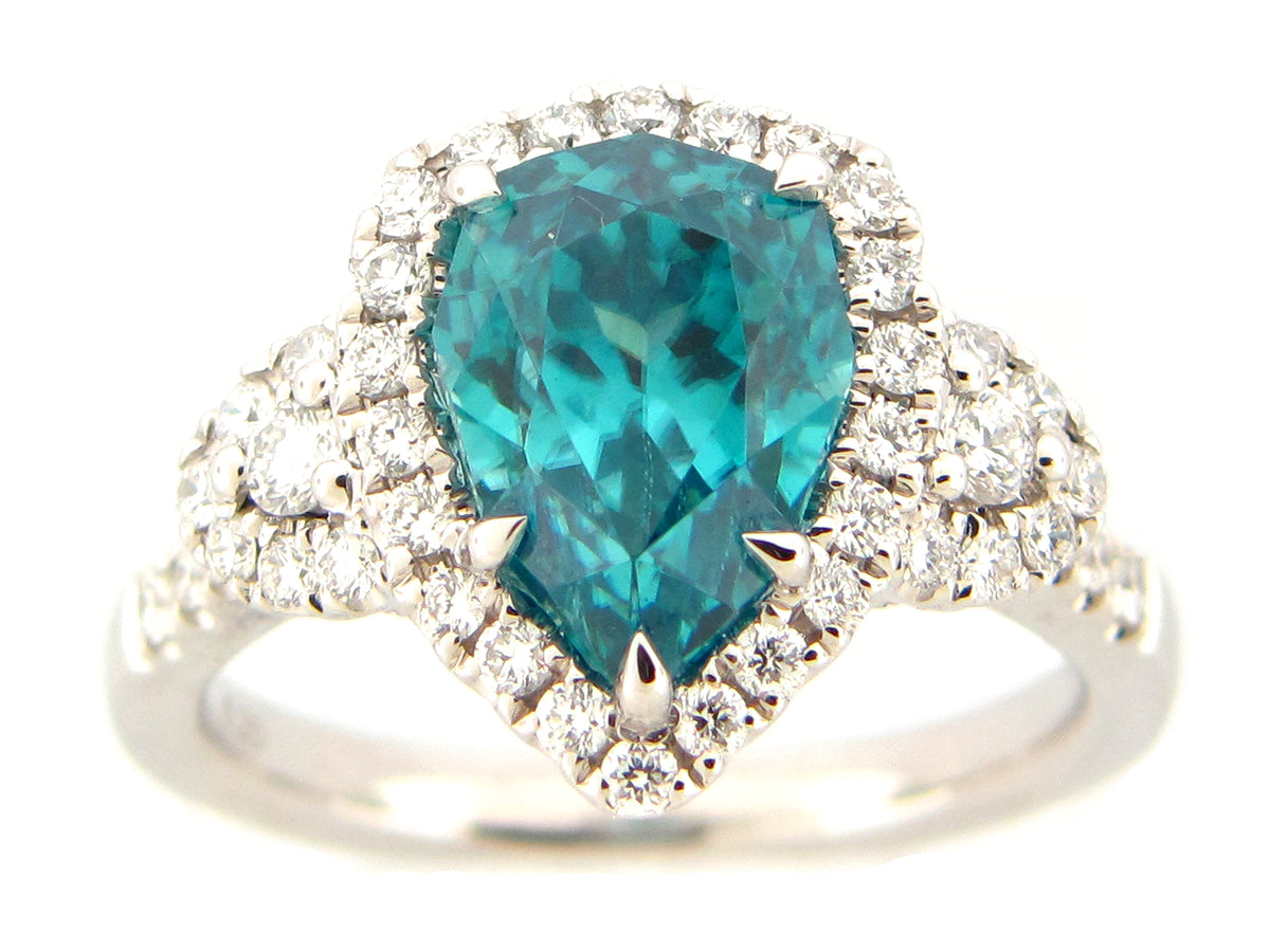 BLUE ZIRCON & DIAMOND RING, 18KW (H)