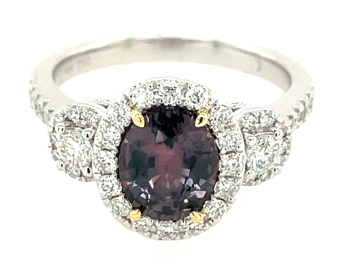 NATURAL NO HEAT OVAL COLOR CHANGE SAPPHIRE & DIAMOND HALO 3 STONE RING, CERT#R202248147