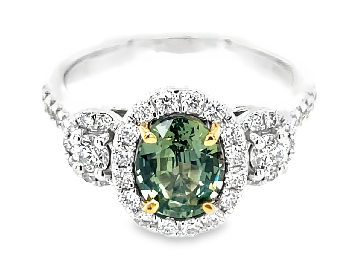 NATURAL NO HEAT OVAL GREEN SAPPHIRE & DIAMOND HALO 3 STONE RING