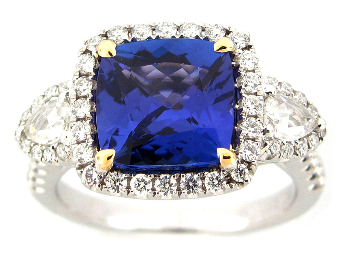 TANZANITE & DIAMOND RING, 18KWY (H)