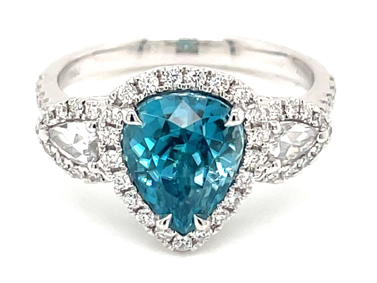 BLUE ZIRCON PEAR & DIAMOND RING