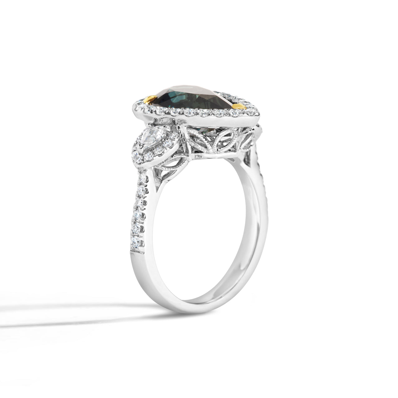 Pear Shape Green Sapphire & Diamond 3 Stone Ring