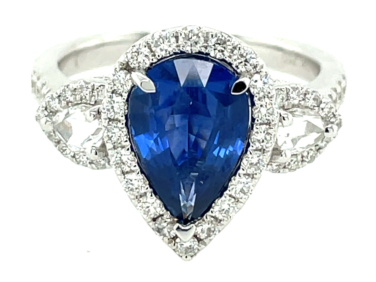 SAPPHIRE PEAR & DIAMOND HALO 3 STONE RING
