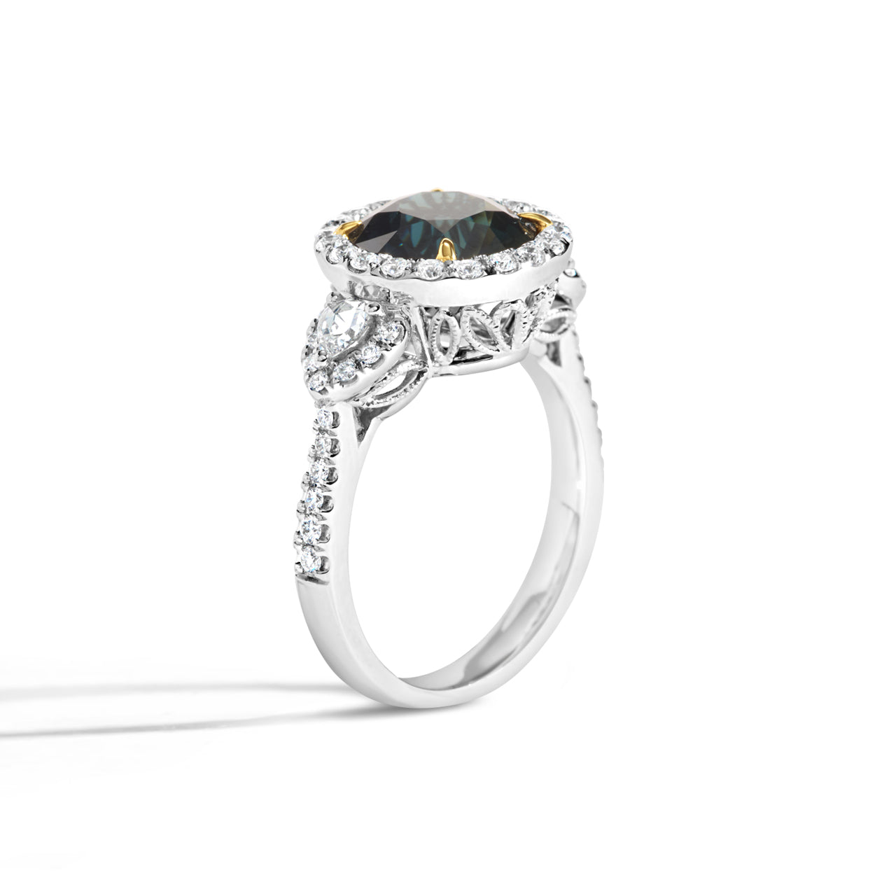 Round Green Sapphire & Diamond 3 Stone Ring