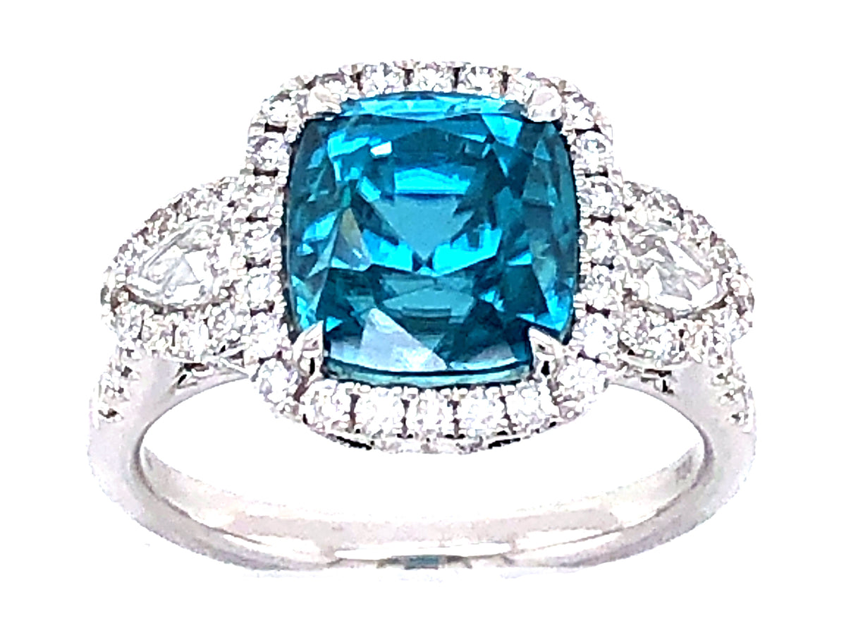 BLUE ZIRCON CUSHION & DIAMOND RING, 18KW (H)