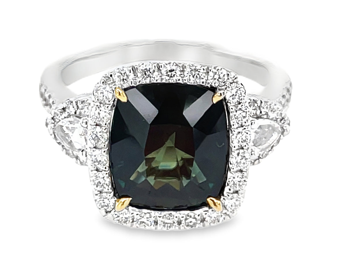 GREEN SAPPHIRE CUSHION & DIAMOND 3 STONE HALO RING