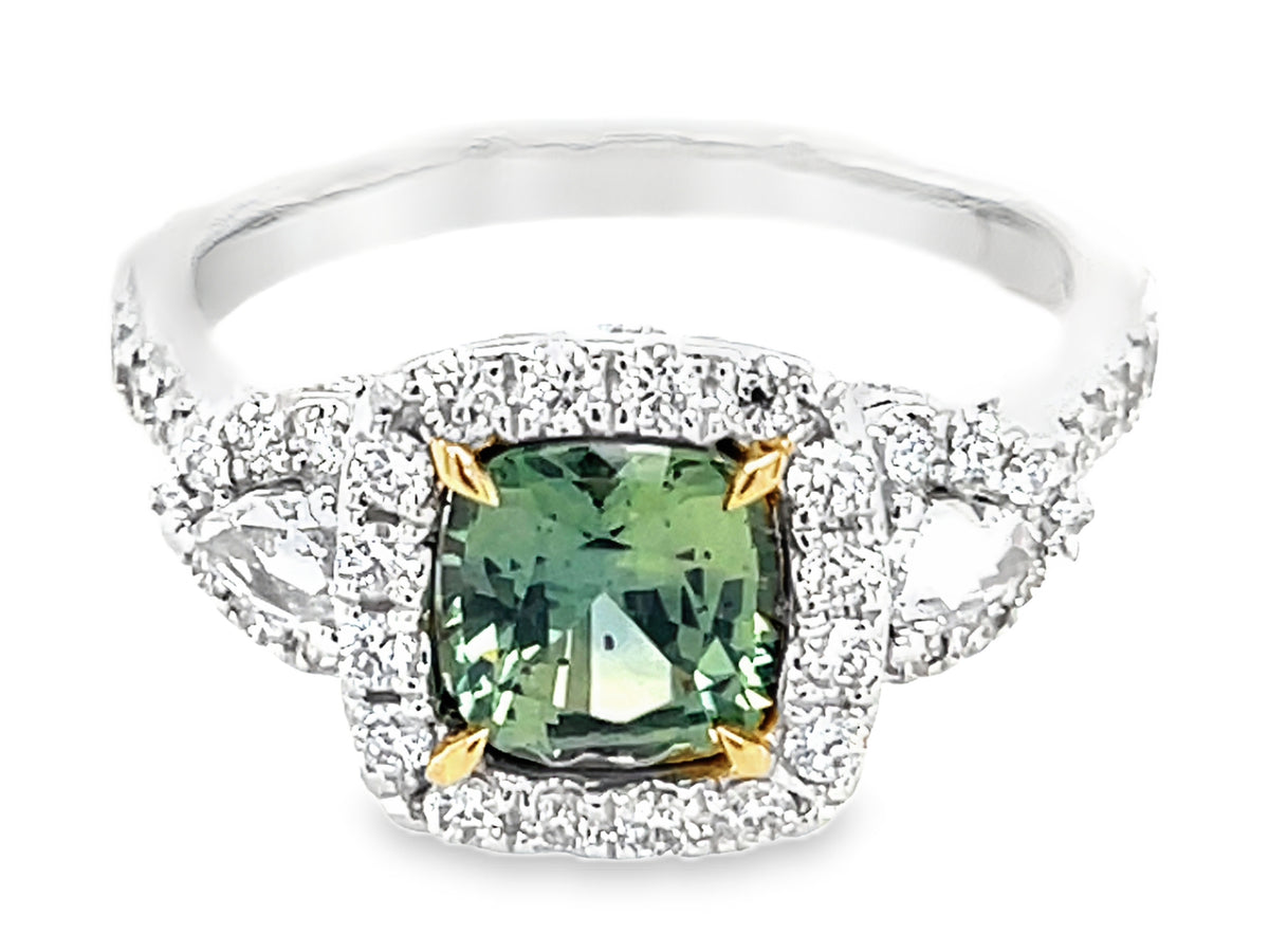 NATURAL NO HEAT GREEN SAPPHIRE CUSHION & DIAMOND HALO 3 STONE RING
