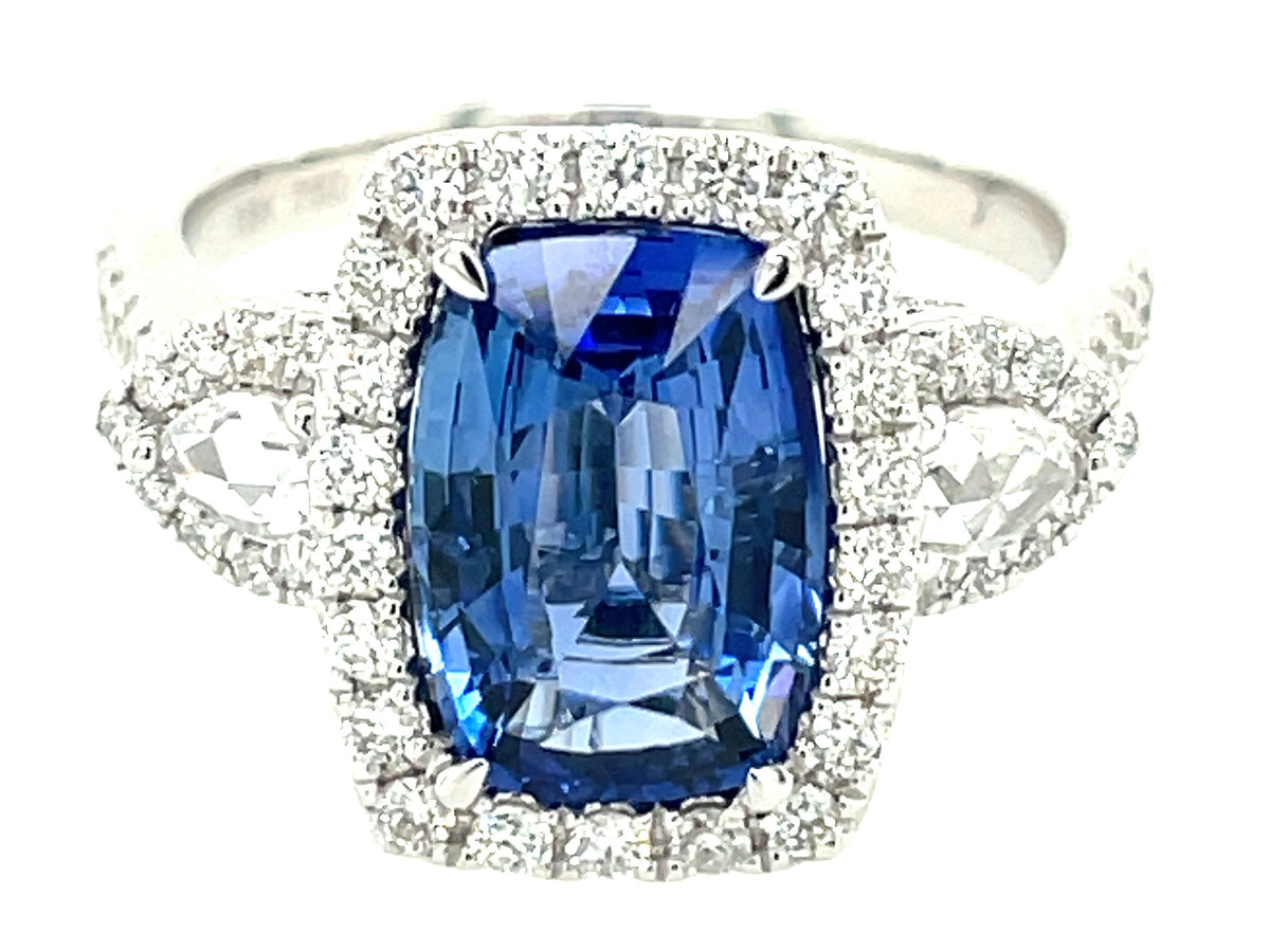 SAPPHIRE CUSHION & DIAMOND 3 STONE HALO RING