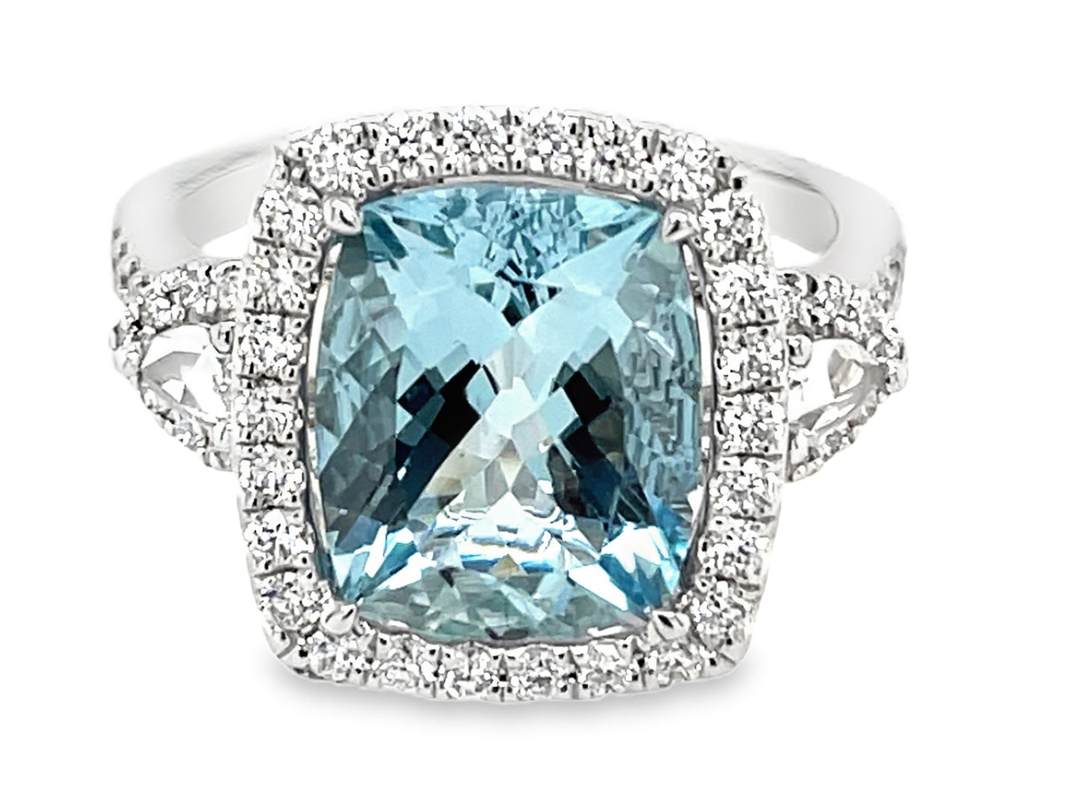 AQUAMARINE CUSHION & DIAMOND 3 STONE HALO RING