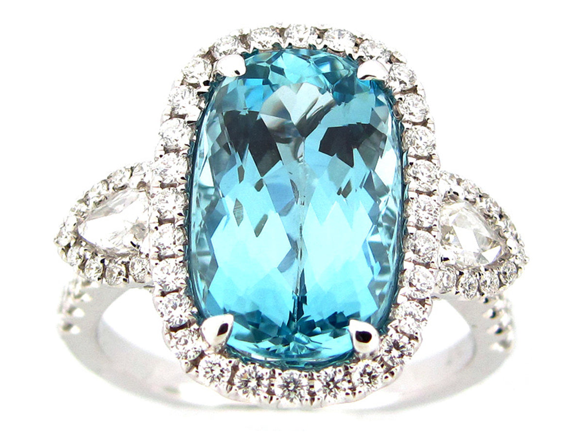 AQUAMARINE & DIAMOND RING, 18KW (H)