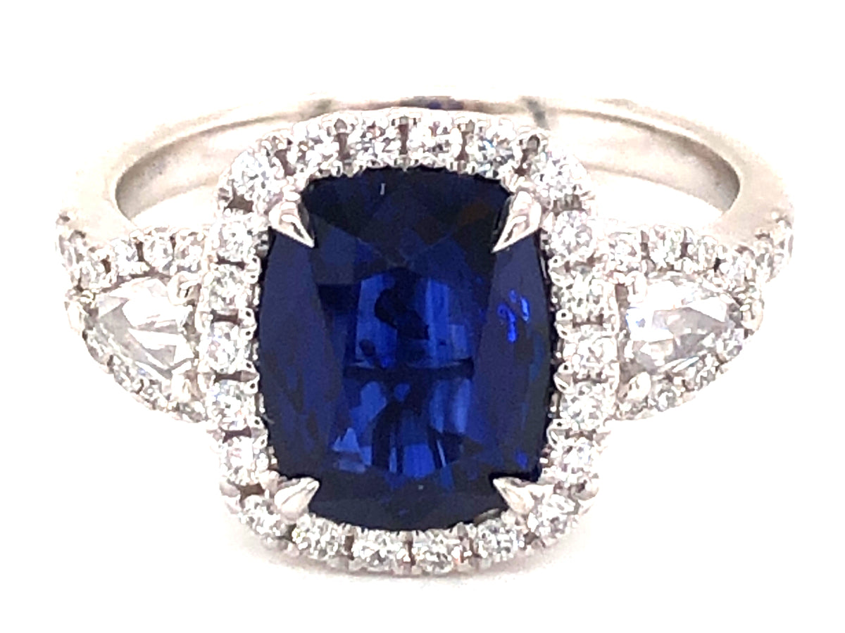 SAPPHIRE CUSHION & DIAMOND HALO RING, PLAT (H)