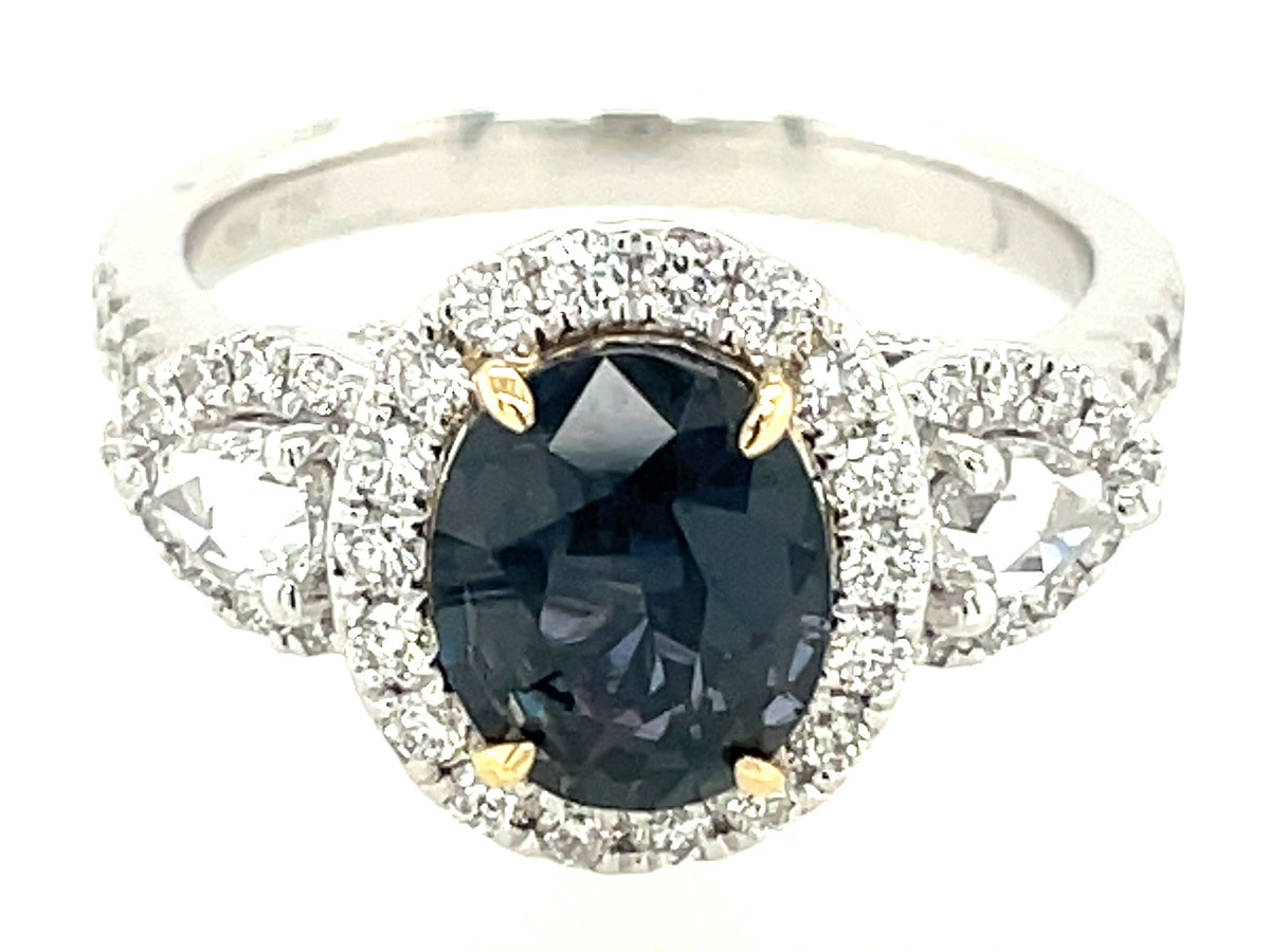 NATURAL NO HEAT OVAL COLOR CHANGE SAPPHIRE & DIAMOND HALO 3 STONE RING, CERT#202248143