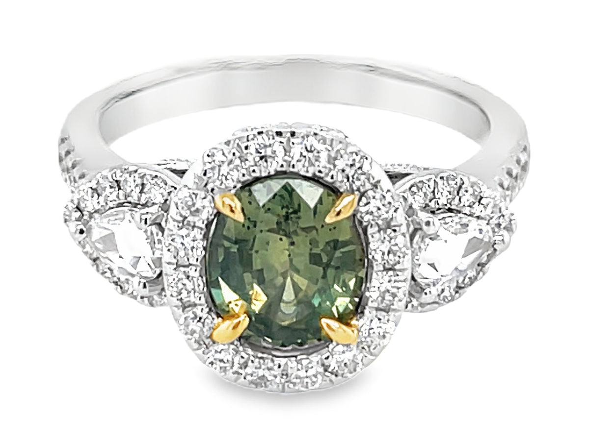 NATURAL NO HEAT GREEN SAPPHIRE OVAL & DIAMOND HALO 3 STONE RING
