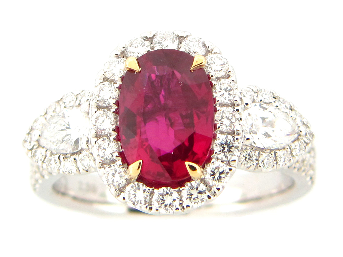 NATURAL NO HEAT RUBY & DIAMOND RING, 18KWY, GRS CERTIFIED