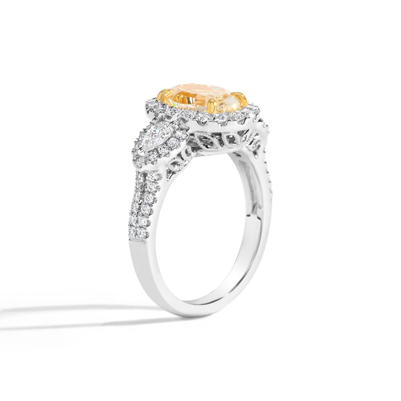 Oval Yellow & White Diamond 3 Stone Ring