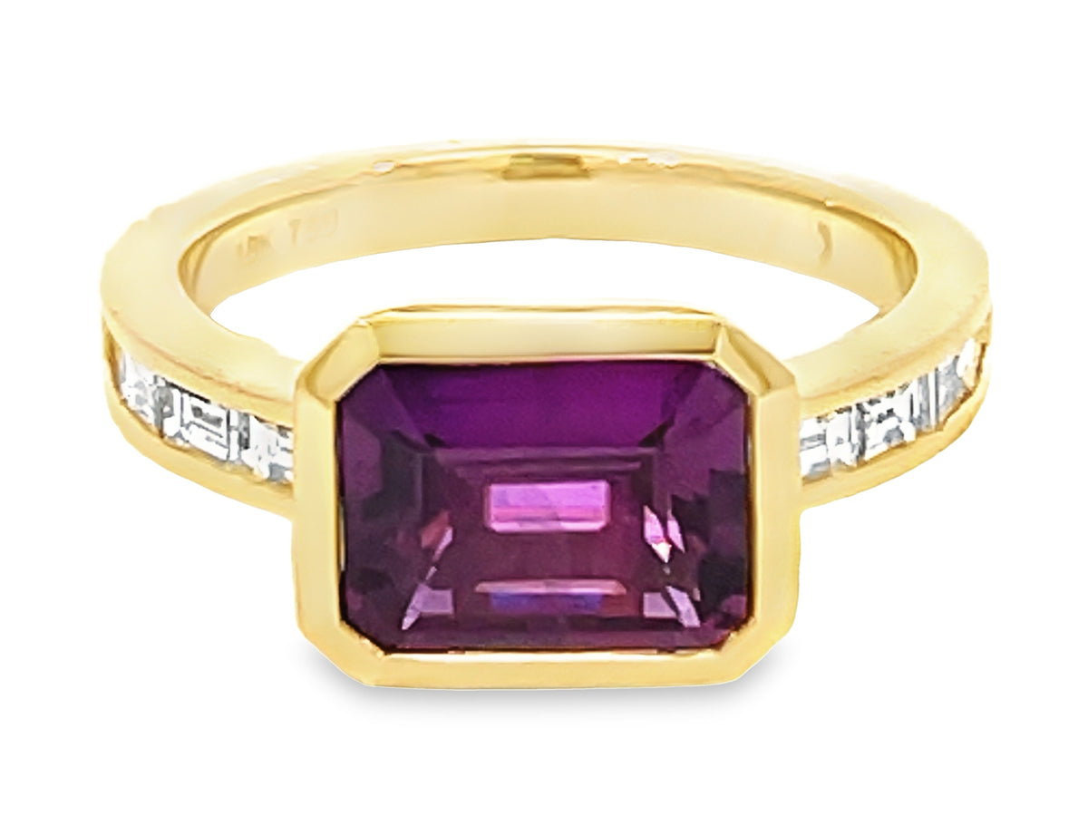 PURPLE SAPPHIRE E/C & DIAMOND BAGUETTE BEZEL RING, GIA CERT #5181305076