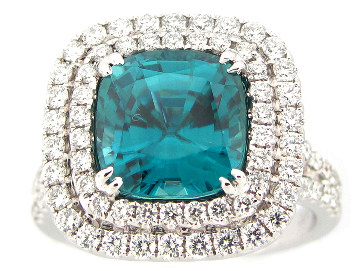 BLUE ZIRCON & DIAMOND RING, 18KW (H)