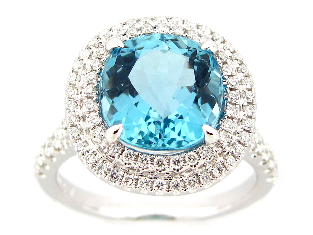 AQUAMARINE & DIAMOND RING, 18KW (H)