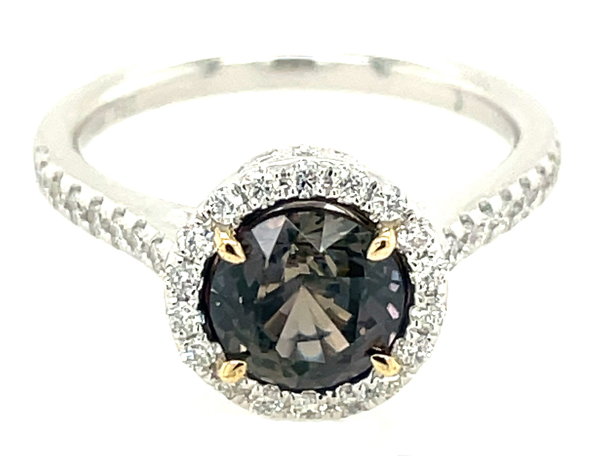 NATURAL NO HEAT COLOR CHANGE SAPPHIRE ROUND & DIAMOND HALO RING, CERT#R202248145