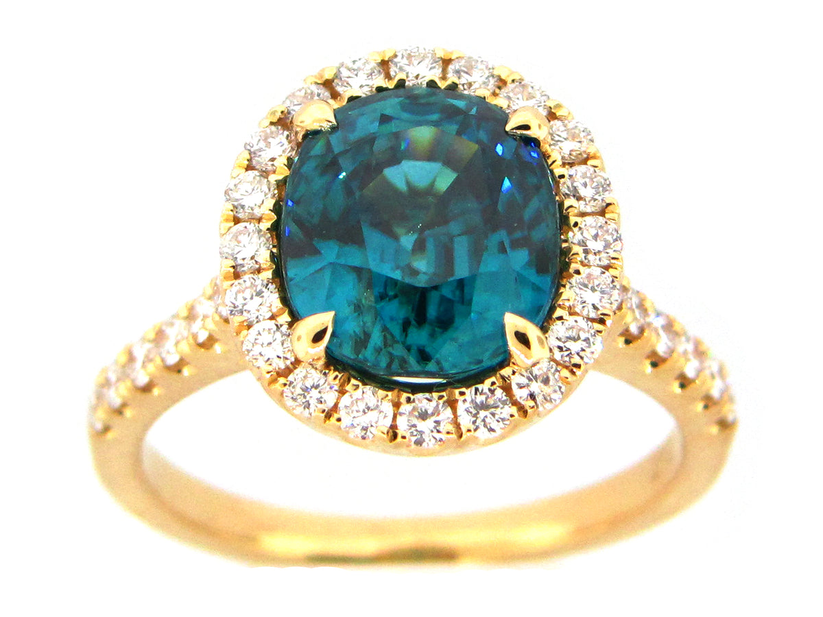 BLUE ZIRCON & DIAMOND RING, 18KY (H)