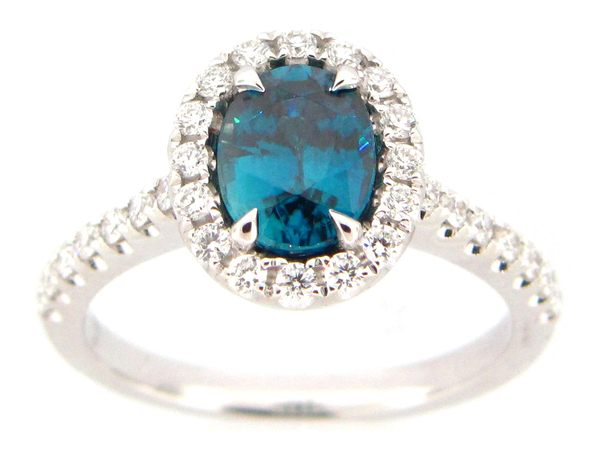 BLUE ZIRCON & DIAMOND RING, 18KW (H)